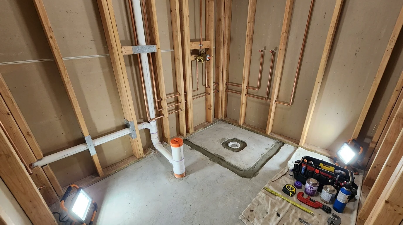 Bathroom rough-in plumbing during remodel by Johns Plumbing LLC in Mount Horeb