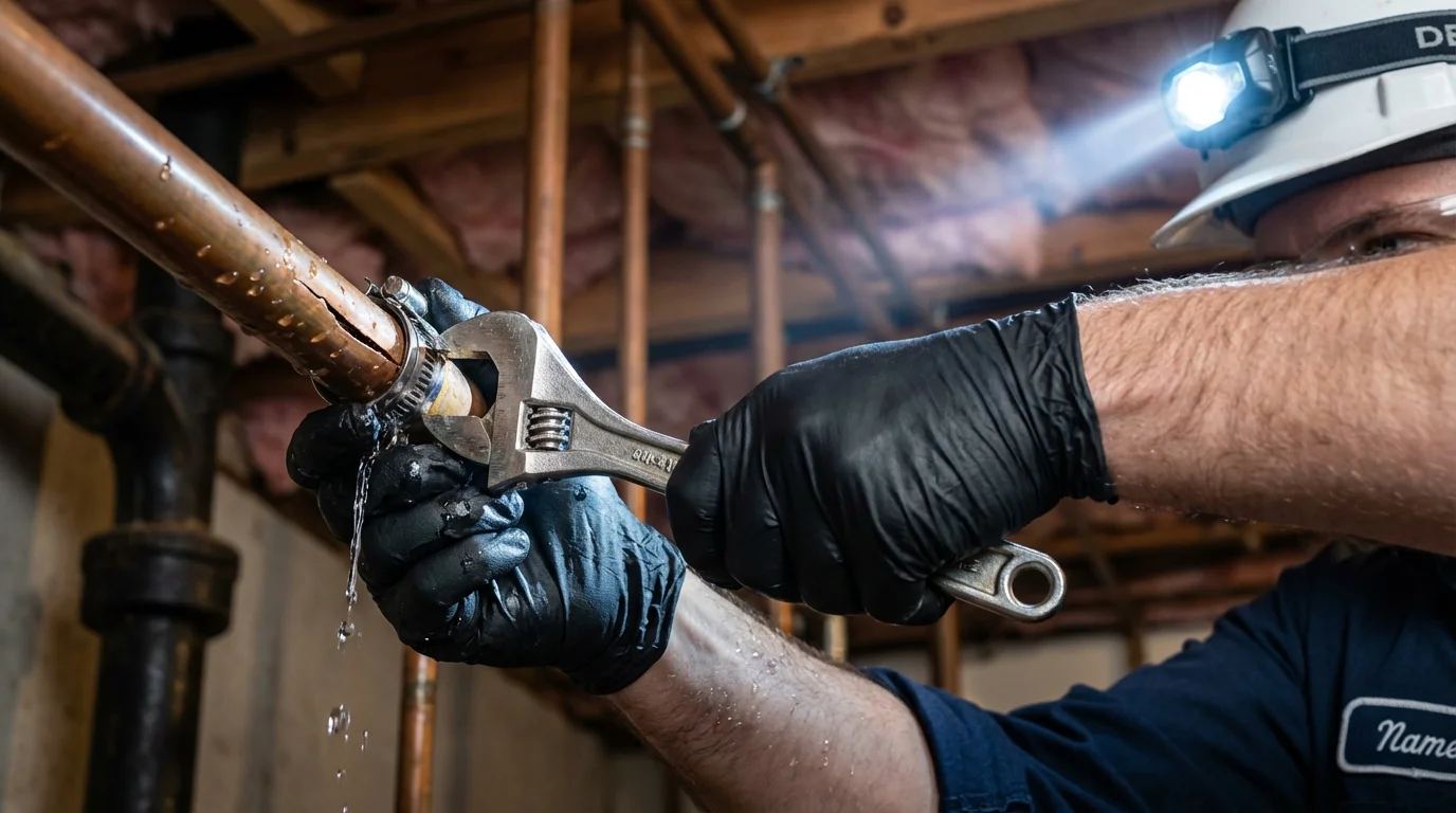 Emergency pipe clamp repair being performed by a Johns Plumbing LLC plumber in Mount Horeb