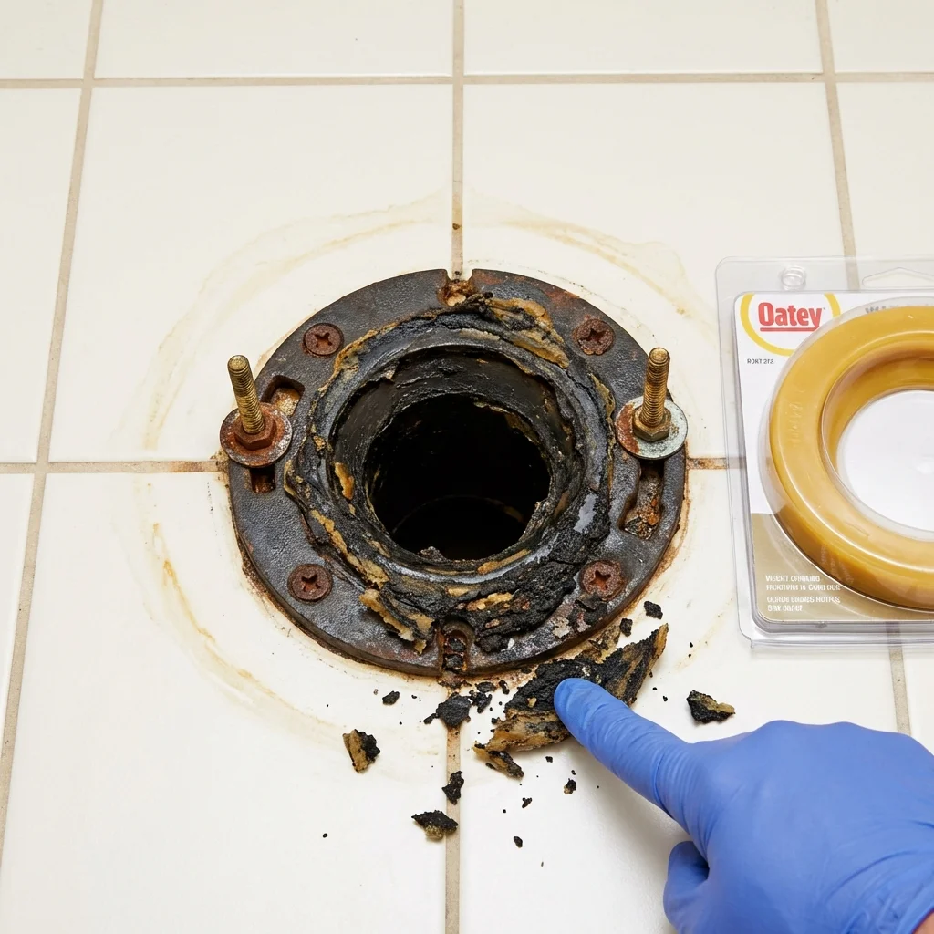 Failed wax ring showing water seepage at the base of a toilet in a Mount Horeb, WI home