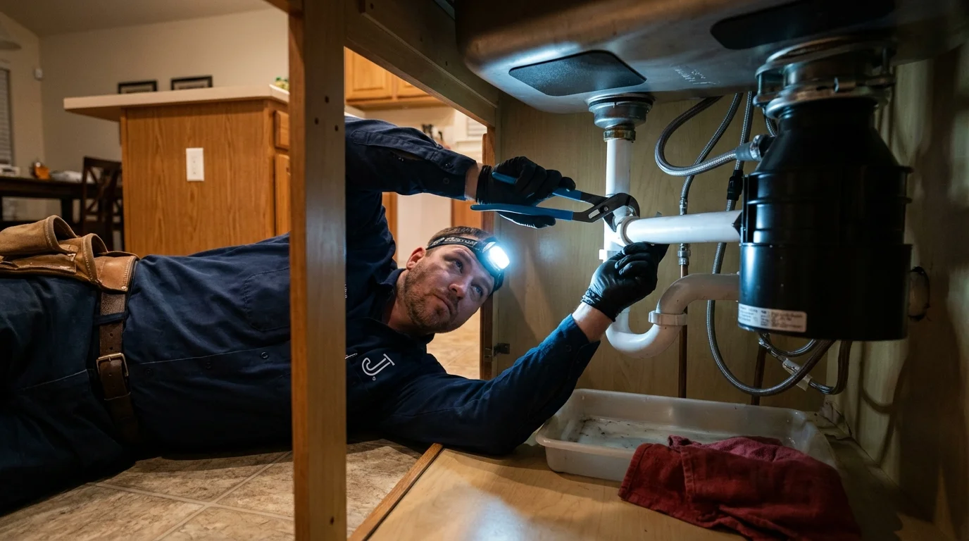 P-trap and supply line connections under a kitchen sink showing a common leak point in Mount Horeb, WI